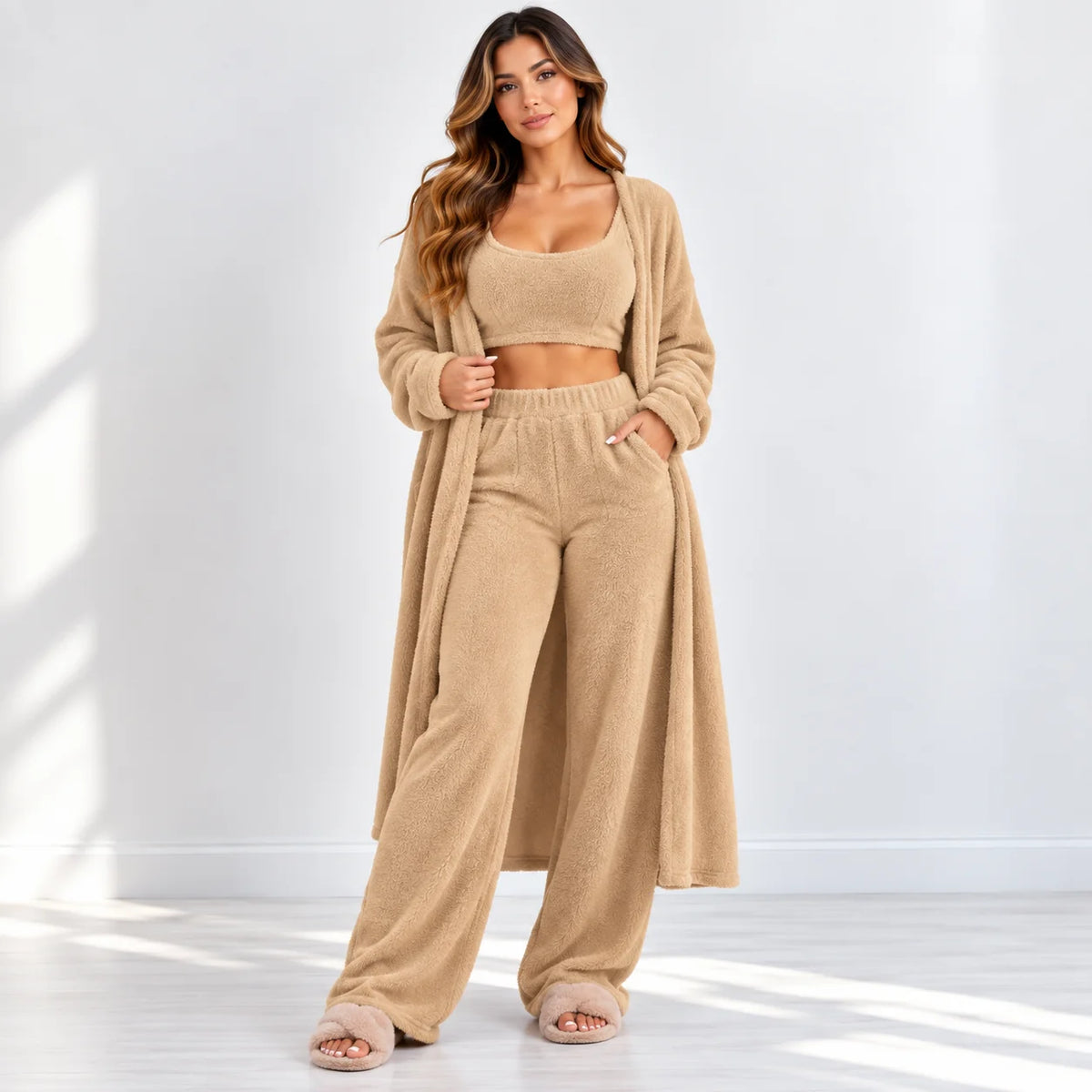 A woman modeling a cozy beige loungewear set consisting of a cropped tank top, matching wide-leg pants, a long open-front cardigan, and fuzzy slippers in a bright, sunlit room.
