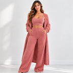Women’s pink fleece 3-piece lounge set front view with cropped tank top, cardigan, and wide-leg pants