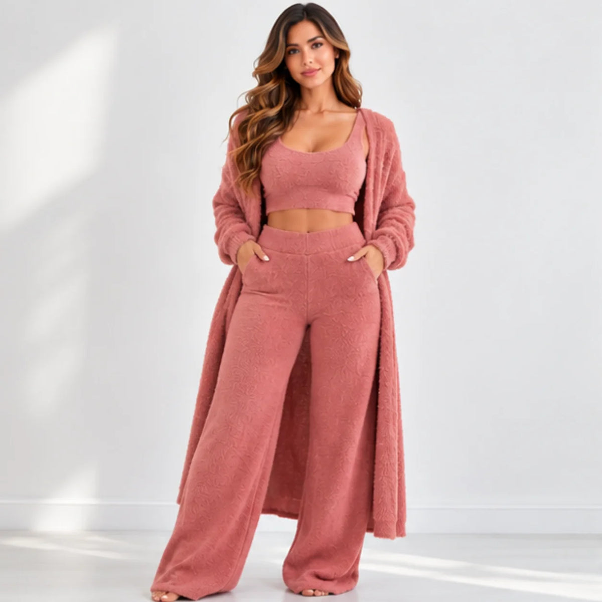 Women’s pink fleece 3-piece lounge set front view with cropped tank top, cardigan, and wide-leg pants