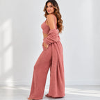 Women’s pink fleece 3-piece lounge set side view with cropped tank top, cardigan, and wide-leg pants