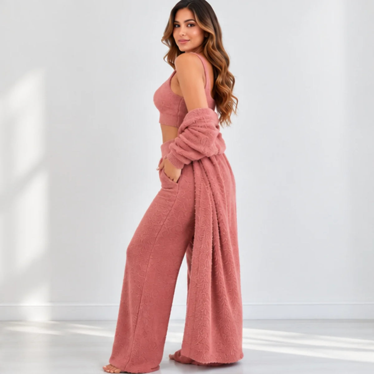 Women’s pink fleece 3-piece lounge set side view with cropped tank top, cardigan, and wide-leg pants