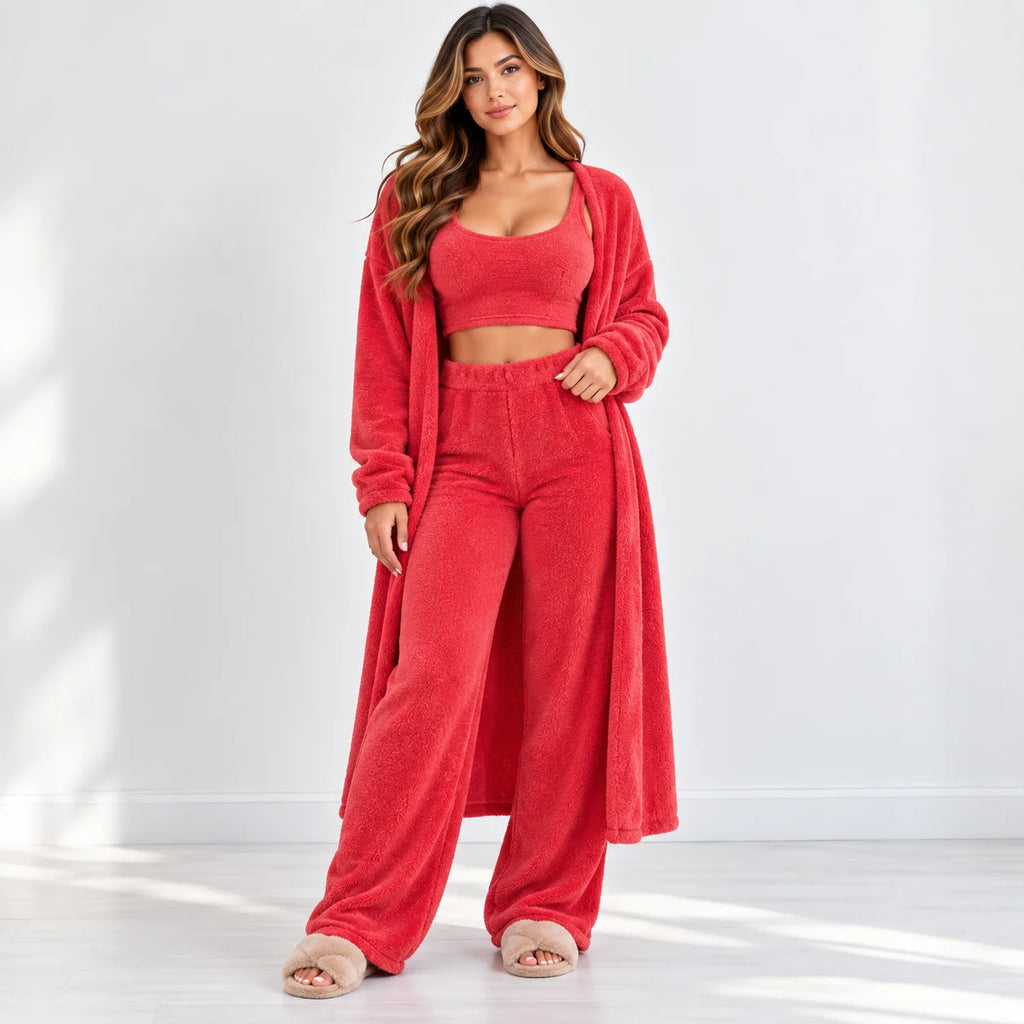 Women’s red fleece 3-piece lounge set with cropped tank top, long cardigan, and wide-leg pants