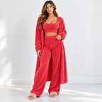 Women’s red fleece 3-piece lounge set with cropped tank top, long cardigan, and wide-leg pants