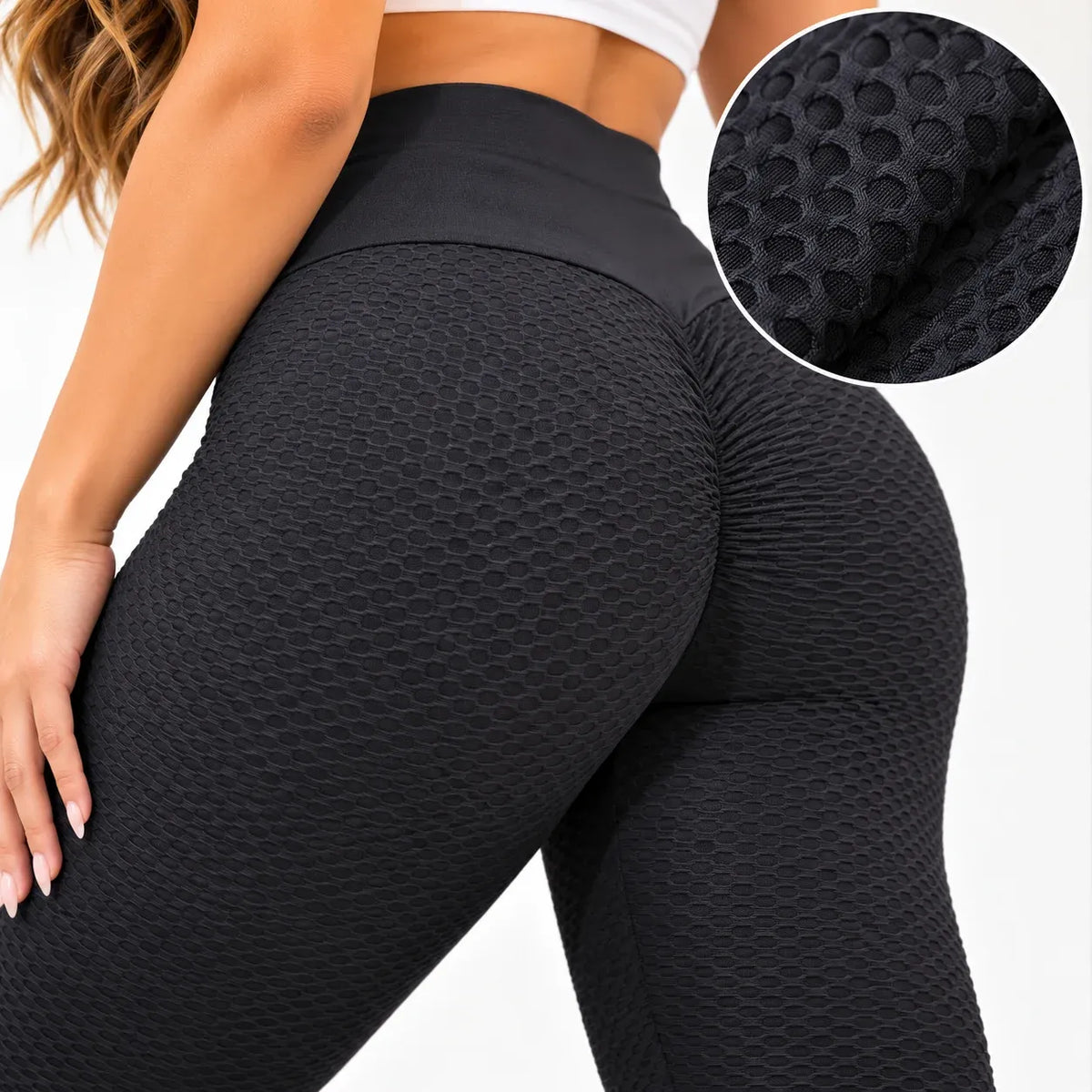 Black high-waisted textured leggings shown on a model from the back, with a circular inset detail of the fabric texture.