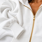 Close-up of a white zip-up jacket with gold-tone zipper, ribbed cuffs, and two circular inset detail views showing fabric texture.