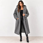 Silver grey: Women's silver-grey hooded teddy fleece coat with wide lapels and dark buttons, front view.
