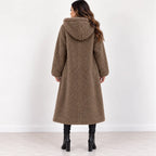 Khaki, back: Back view of women's khaki longline teddy fleece coat showing the attached hood and center back seam.