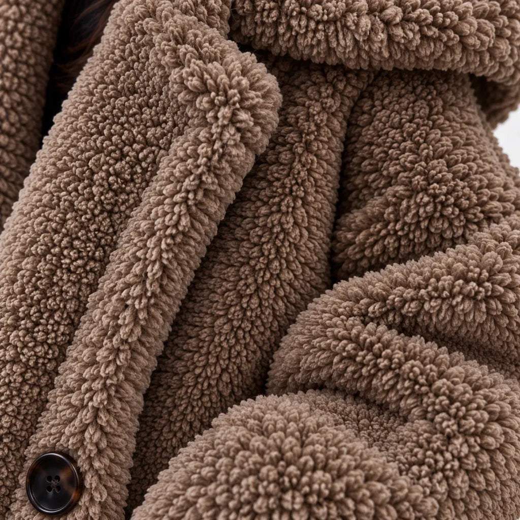 Khaki, close-up: Close-up of khaki teddy fleece coat showing the curled texture, lapel, sleeve, and dark front button.