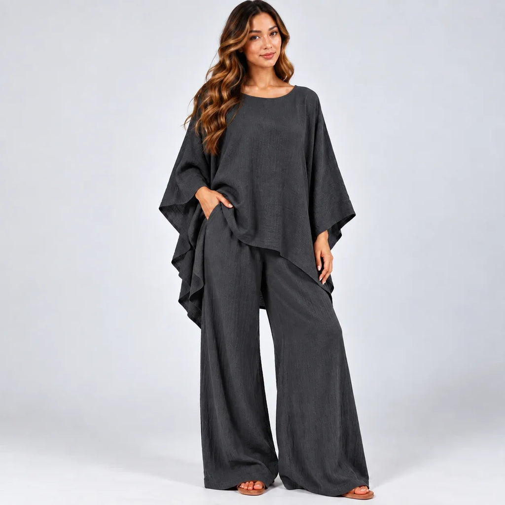 Women’s charcoal gray loose-fit 2-piece wide-leg pants set with flowy top and wide-leg pants