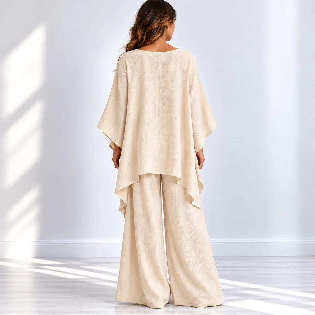 Back view of women’s beige loose-fit 2-piece wide-leg pants set with wide-leg pants