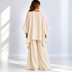 Back view of women’s beige loose-fit 2-piece wide-leg pants set with wide-leg pants