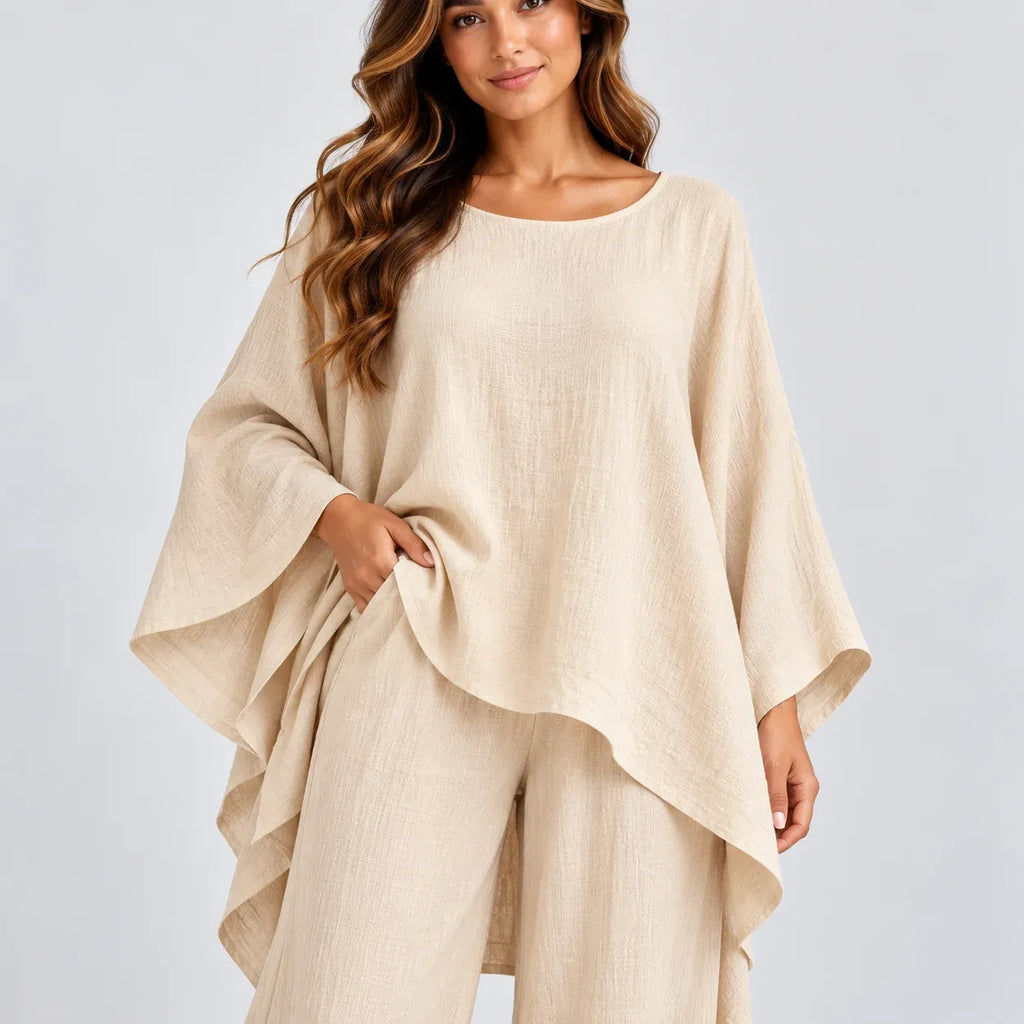 Close-up of women’s beige loose-fit 2-piece pants set showing the flowy top and fabric texture
