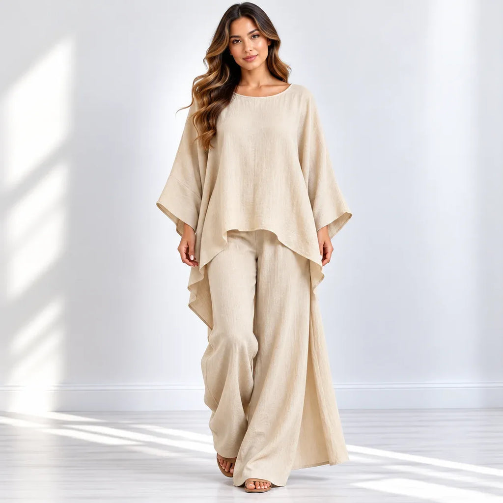 Women’s beige loose-fit 2-piece wide-leg pants set with flowy top and wide-leg pants