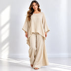 Women’s beige loose-fit 2-piece wide-leg pants set with flowy top and wide-leg pants