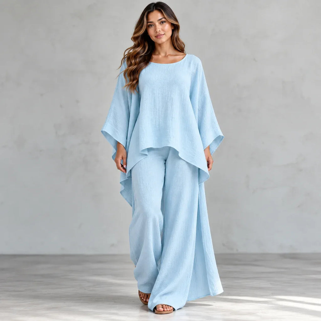 Women’s light blue loose-fit 2-piece wide-leg pants set with flowy top and wide-leg pants