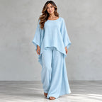 Women’s light blue loose-fit 2-piece wide-leg pants set with flowy top and wide-leg pants