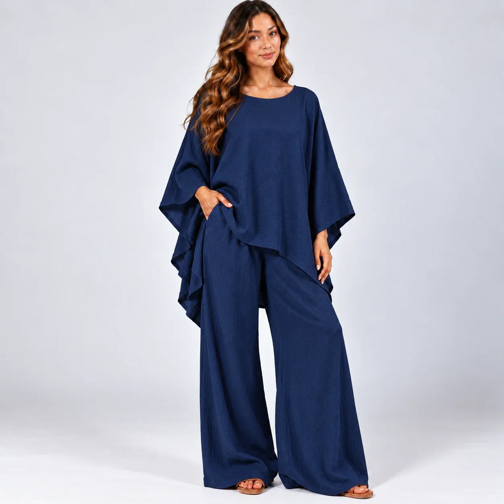 Women’s navy blue loose-fit 2-piece wide-leg pants set with flowy top and wide-leg pants