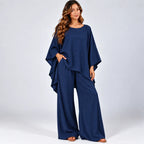 Women’s navy blue loose-fit 2-piece wide-leg pants set with flowy top and wide-leg pants
