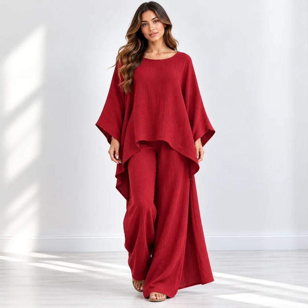 Women’s red loose-fit 2-piece wide-leg pants set with flowy top and wide-leg pants
