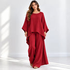 Women’s red loose-fit 2-piece wide-leg pants set with flowy top and wide-leg pants