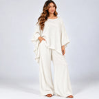 Women’s white loose-fit 2-piece wide-leg pants set with flowy top and wide-leg pants