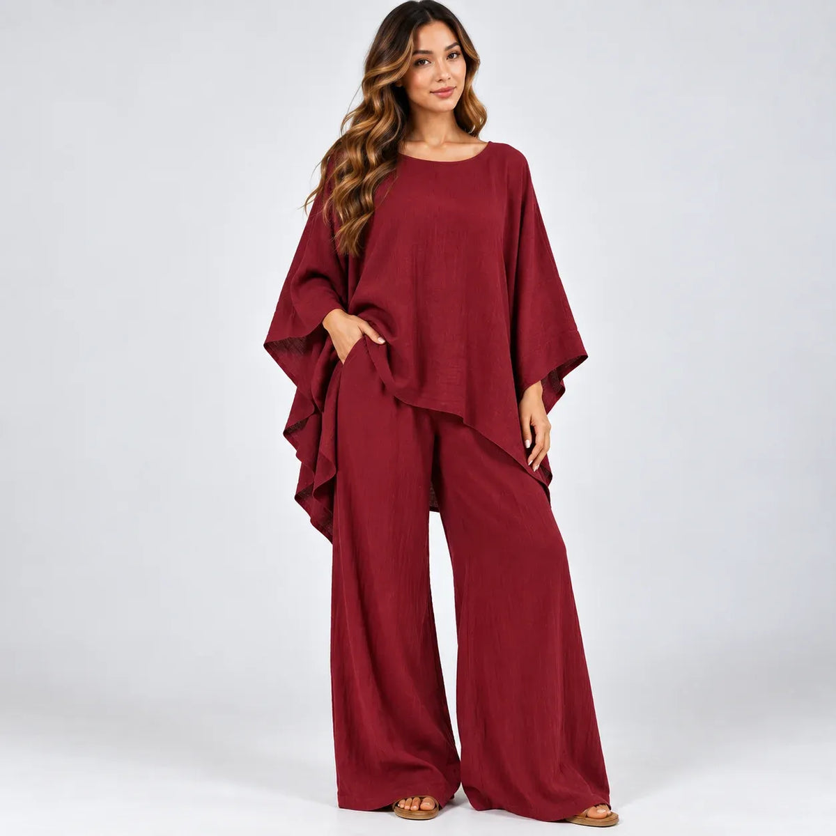 Women’s red loose-fit 2-piece wide-leg pants set with flowy top and wide-leg pants, alternate view