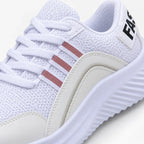 White athletic sneaker with white laces, three pink stripes on the side, and a thick white textured sole, shown in a close-up studio shot.
