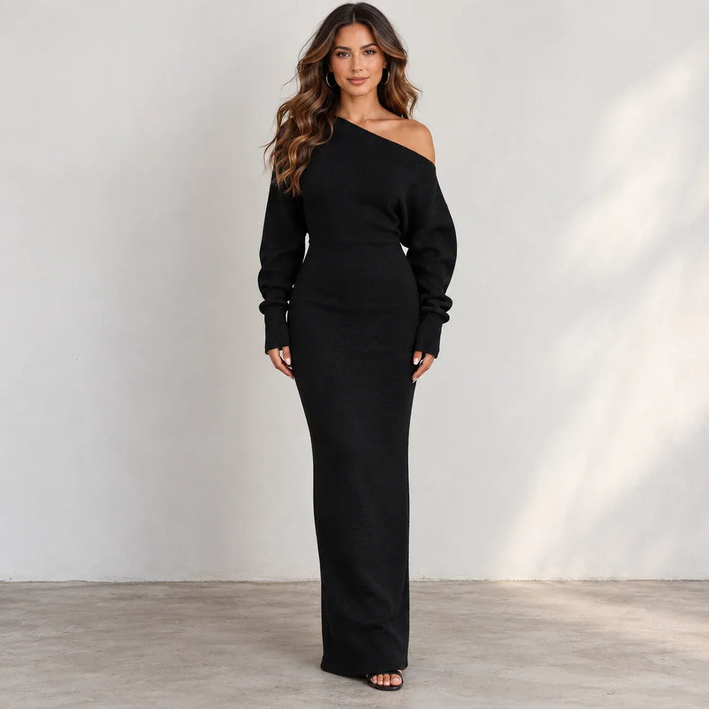 Women’s black off-shoulder knit bodycon maxi dress with long sleeves