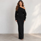 Women’s black off-shoulder knit bodycon maxi dress with long sleeves