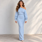Women’s light blue off-shoulder knit bodycon maxi dress with long sleeves