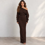 Women’s dark brown off-shoulder knit bodycon maxi dress with long sleeves
