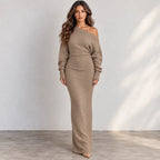 Women’s khaki off-shoulder knit bodycon maxi dress with long sleeves