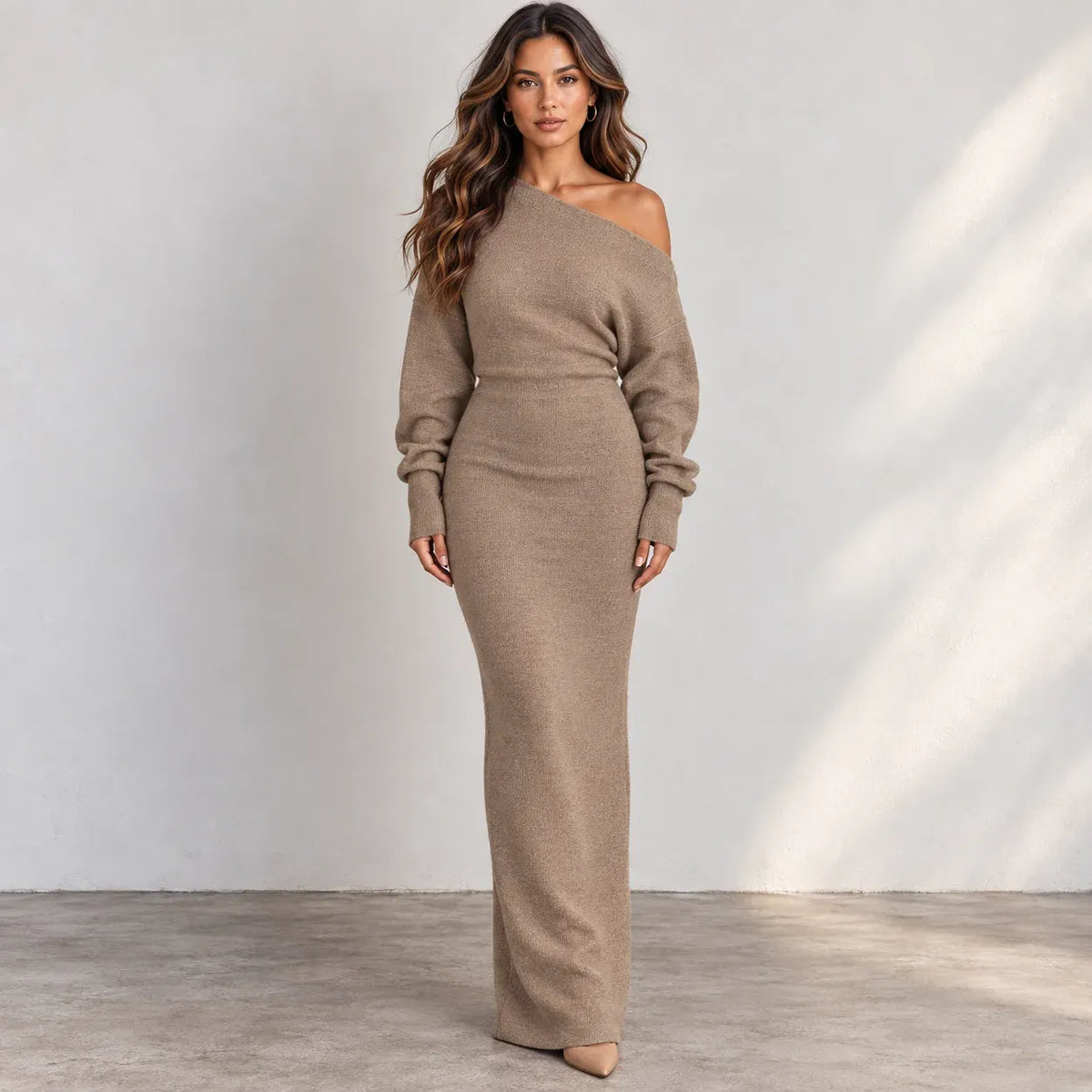 Women’s khaki off-shoulder knit bodycon maxi dress with long sleeves