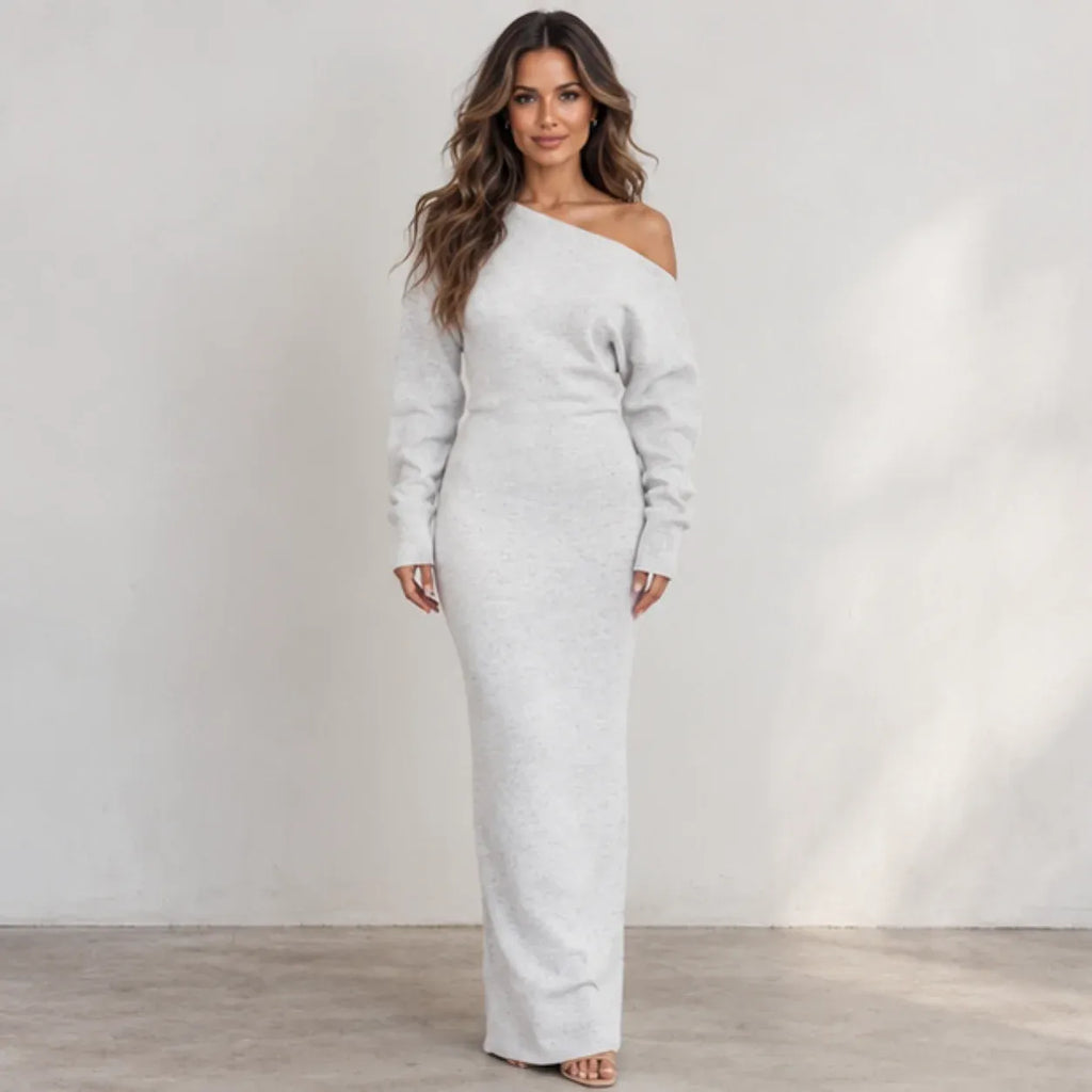 Front view of women’s light gray off-shoulder knit bodycon maxi dress with long sleeves