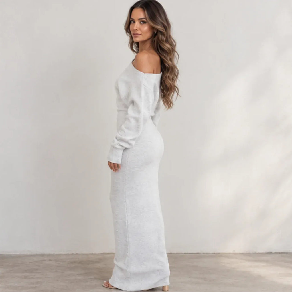 Side view of women’s light gray off-shoulder knit bodycon maxi dress