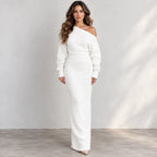 Women’s white off-shoulder knit bodycon maxi dress with long sleeves