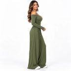 Olive green side: Side view of an olive green off-shoulder jumpsuit showing long sleeves and full-length wide legs.