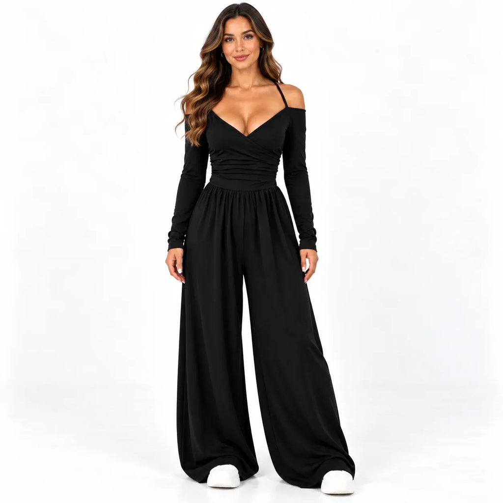 Black front: Model wearing a black off-shoulder wide-leg jumpsuit with a gathered bodice and long sleeves.