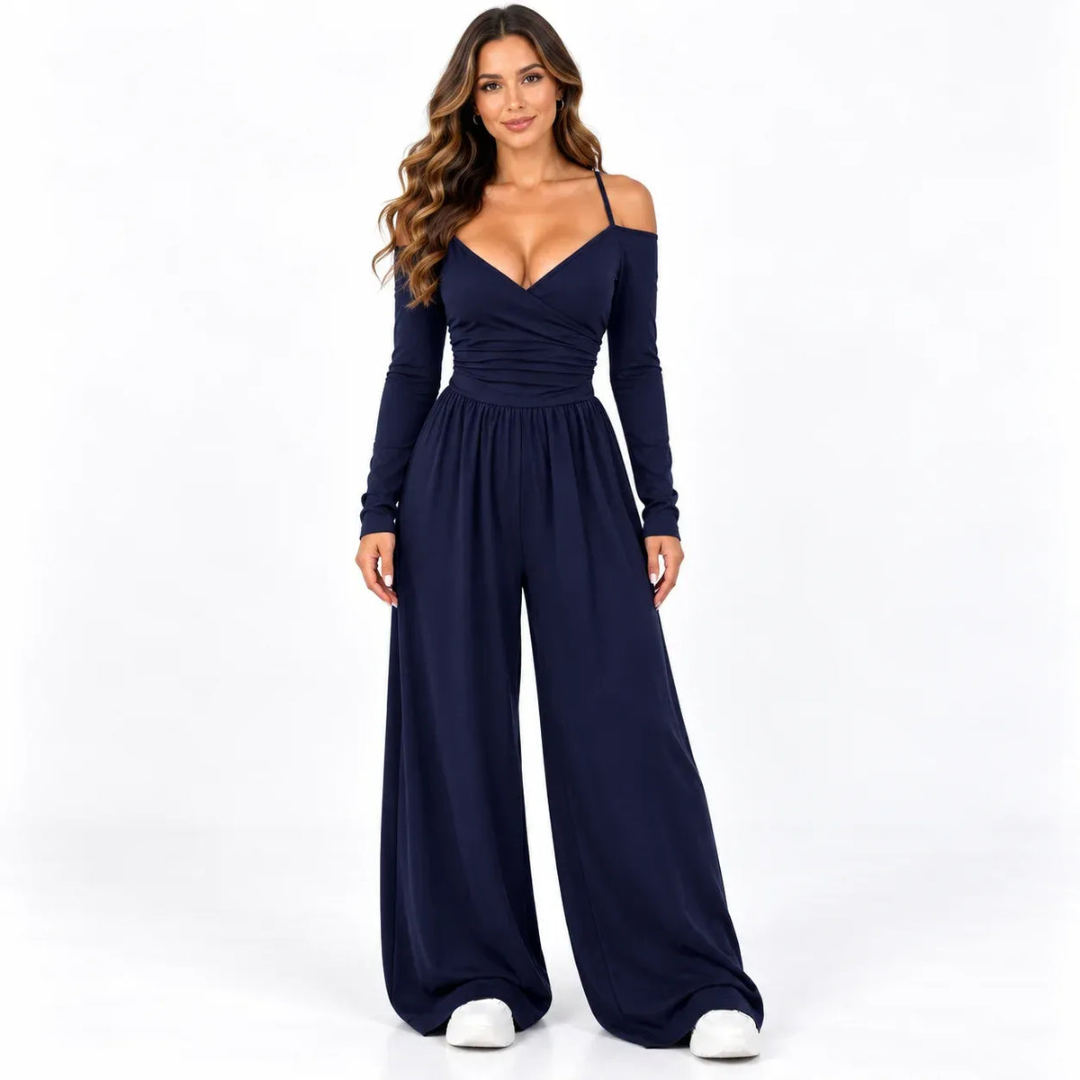 Navy blue front: Model wearing a navy blue off-shoulder wide-leg jumpsuit with a wrap-look neckline and gathered bodice.