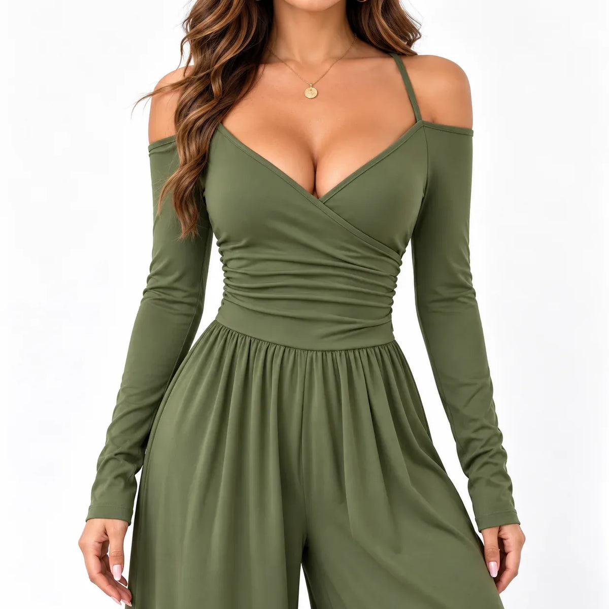 Olive green close-up: Close-up of an olive green jumpsuit showing slim straps, a wrap-look V-neckline, and gathered bodice detailing.