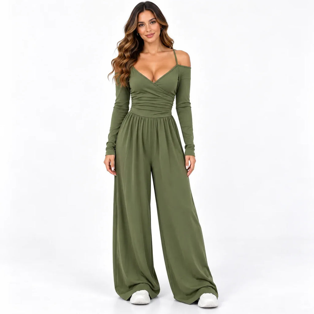 Olive green front: Model wearing an olive green off-shoulder wide-leg jumpsuit with long sleeves and a wrap-look neckline.