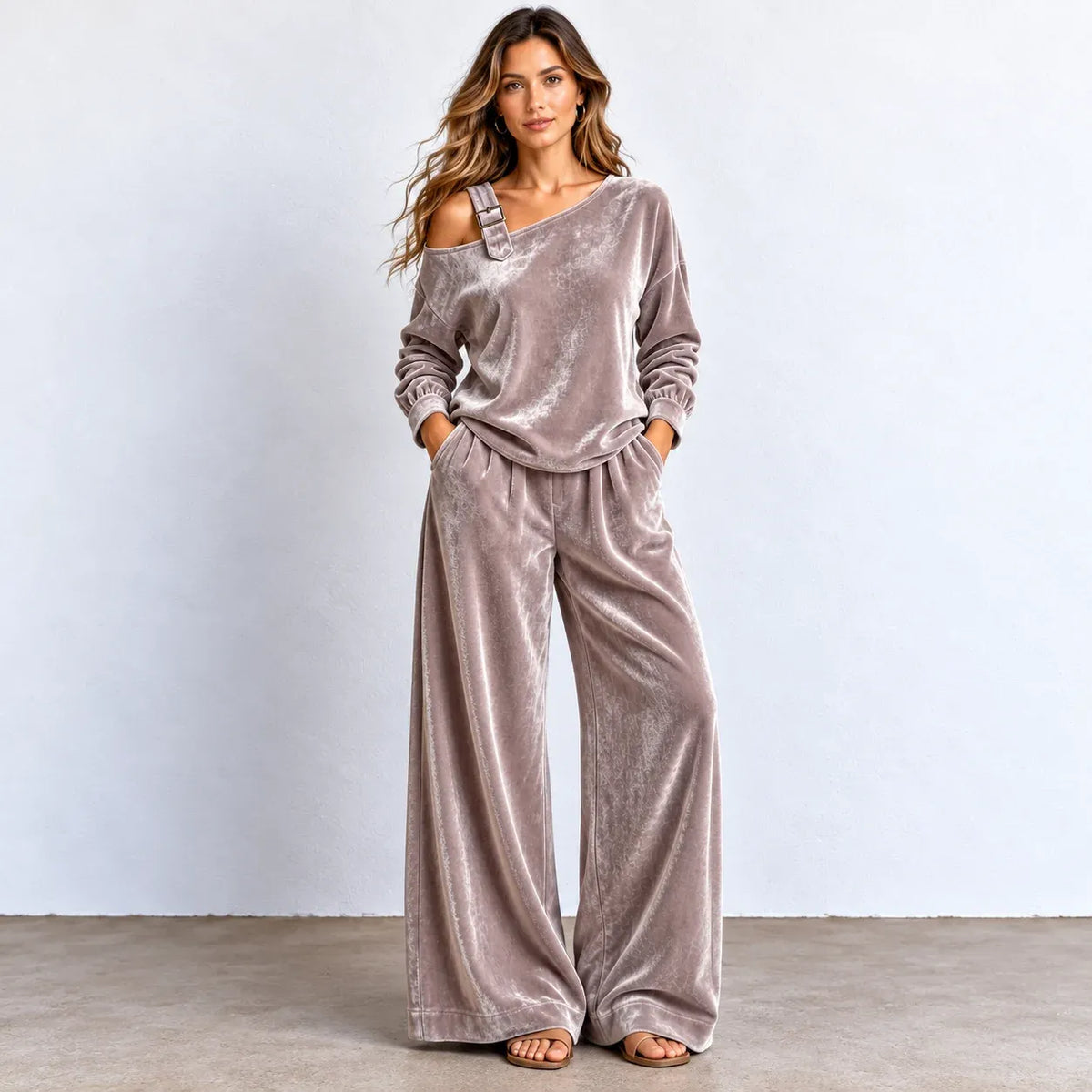 A woman models a matching two-piece lounge set in a dusty mauve velvet fabric. The set includes an asymmetrical one-shoulder long-sleeve top with a decorative strap detail and matching wide-leg pants.