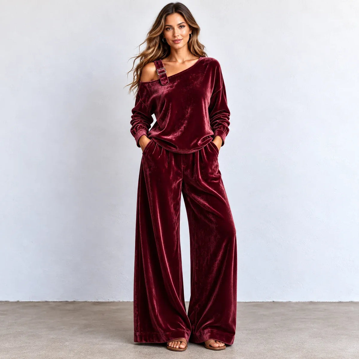 A woman modeling a two-piece velvet loungewear set in deep burgundy. The set includes an asymmetrical one-shoulder long-sleeve top with a decorative strap detail on the shoulder and matching wide-leg pants.