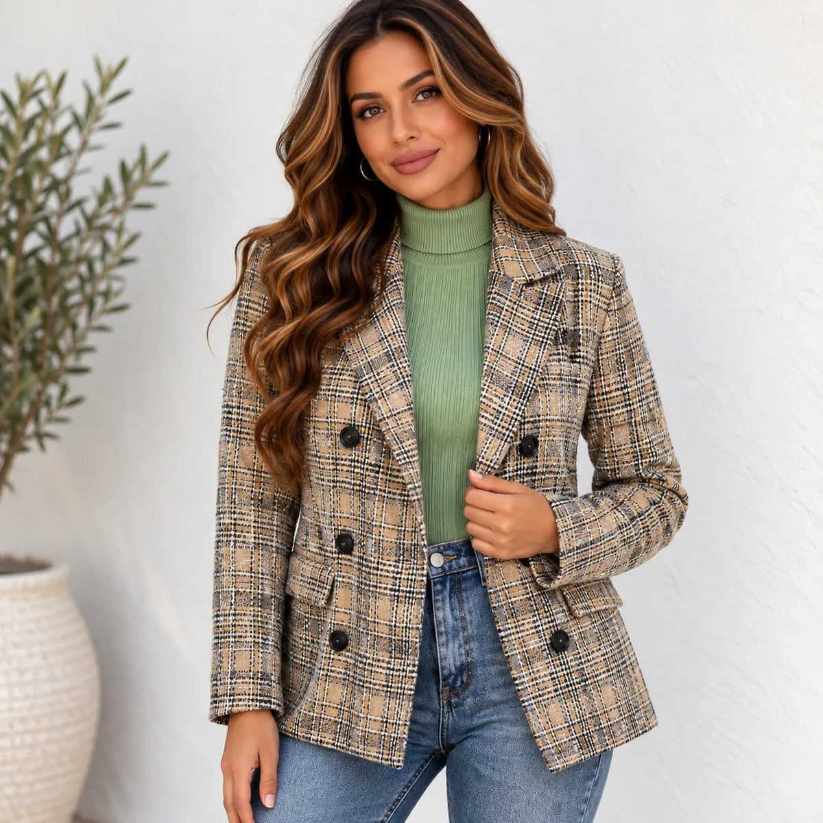 A woman wearing a beige and brown plaid double-breasted blazer over a sage green ribbed turtleneck sweater and blue jeans, standing against a white textured wall.