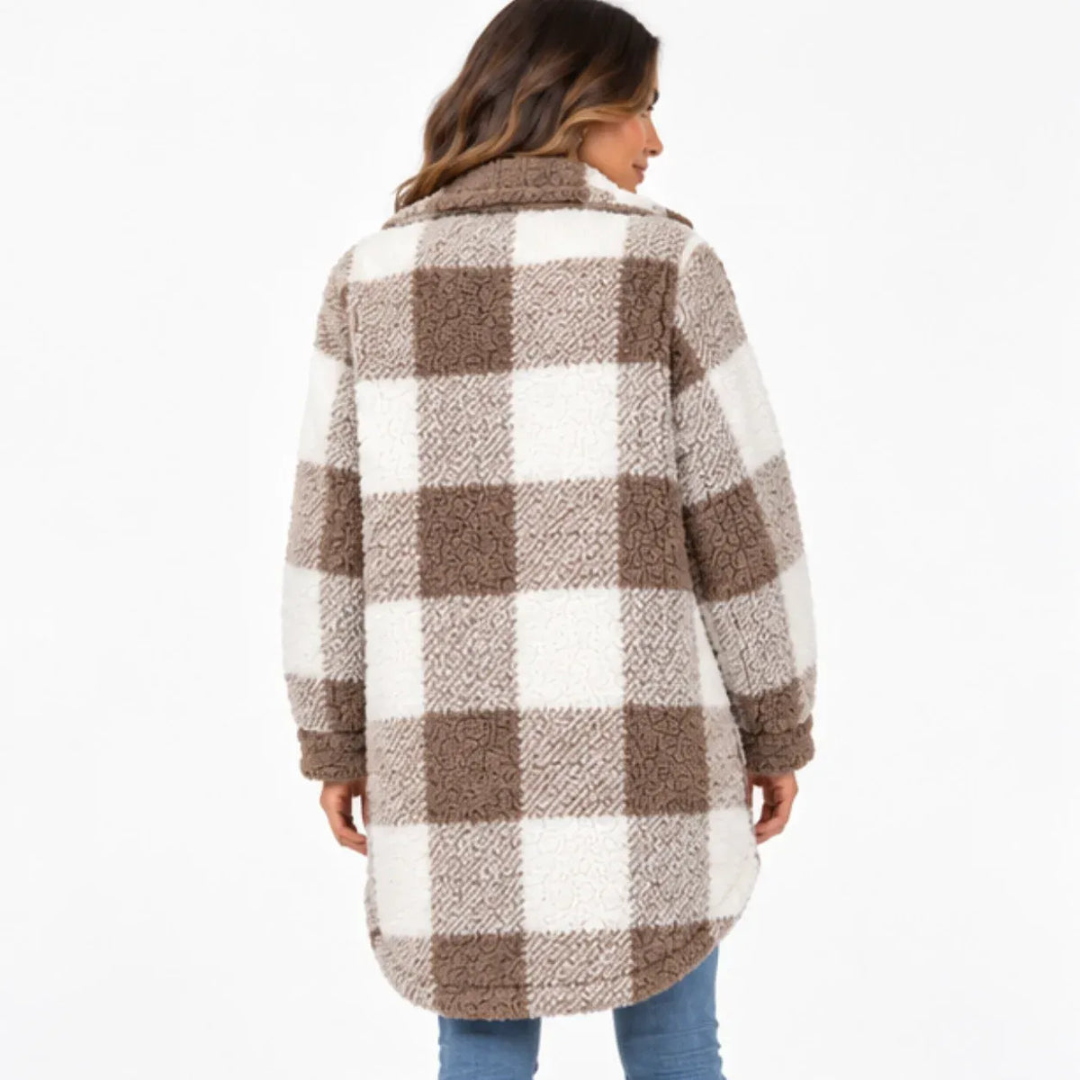A woman wearing a brown and off-white buffalo plaid sherpa fleece coat, shown from the back against a plain white background.