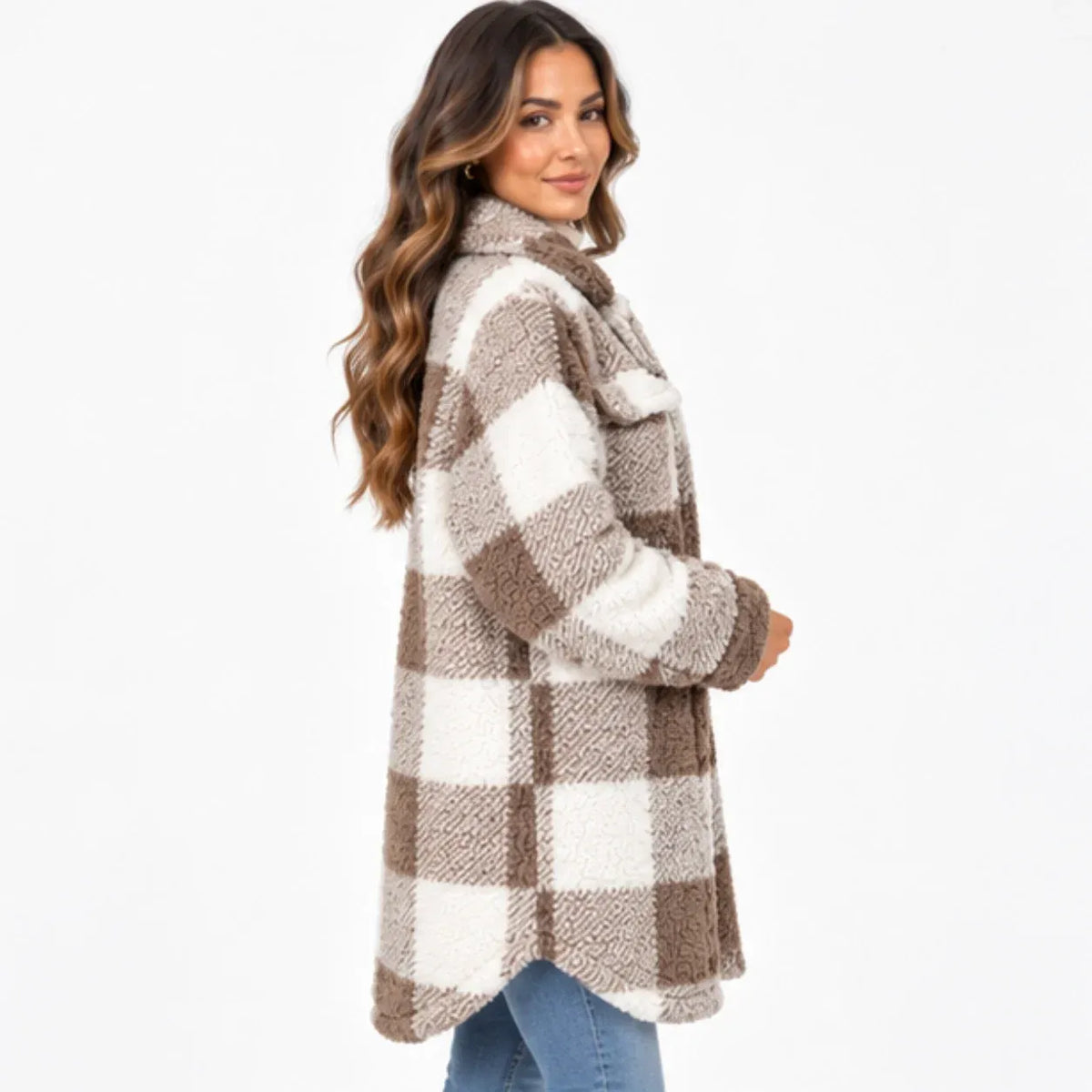 A woman wearing a brown and cream buffalo plaid sherpa fleece coat, shown from a three-quarters back view against a plain white background.