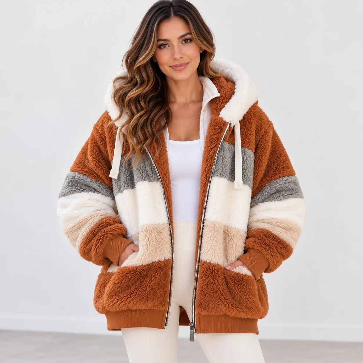 A woman wearing a plush zip-up hooded jacket with horizontal color-blocked stripes in rust brown, cream, and gray, styled over a white top and white pants against a clean white studio background.