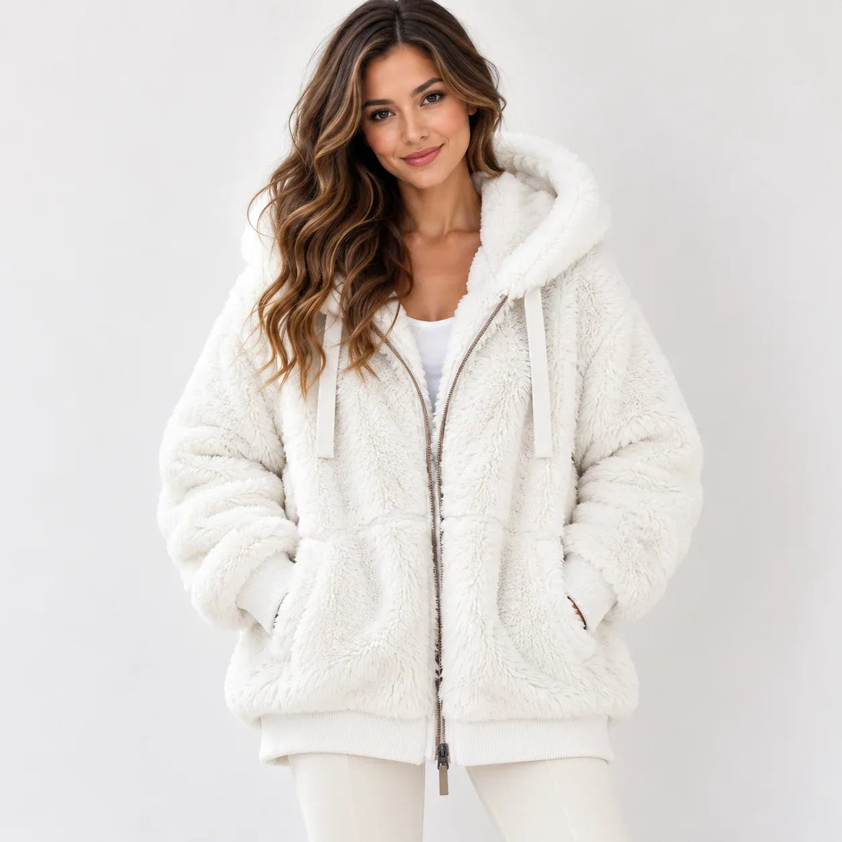 A woman wearing a plush white sherpa zip-up hoodie jacket with a drawstring hood and front pockets, photographed against a clean light gray studio background.