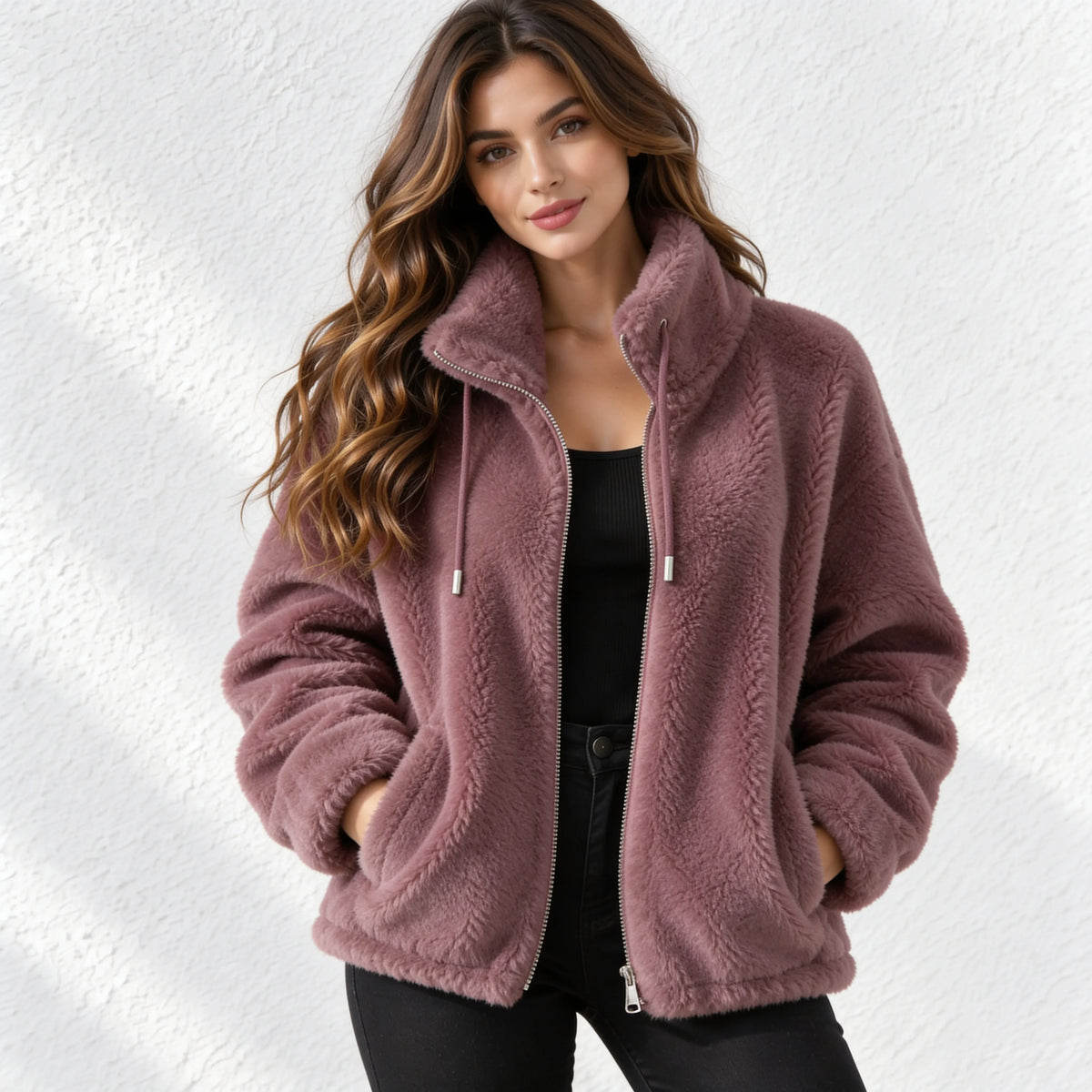 A woman wearing a dusty mauve sherpa fleece zip-up jacket with a high collar, styled over a black top and black pants, standing against a white textured wall.