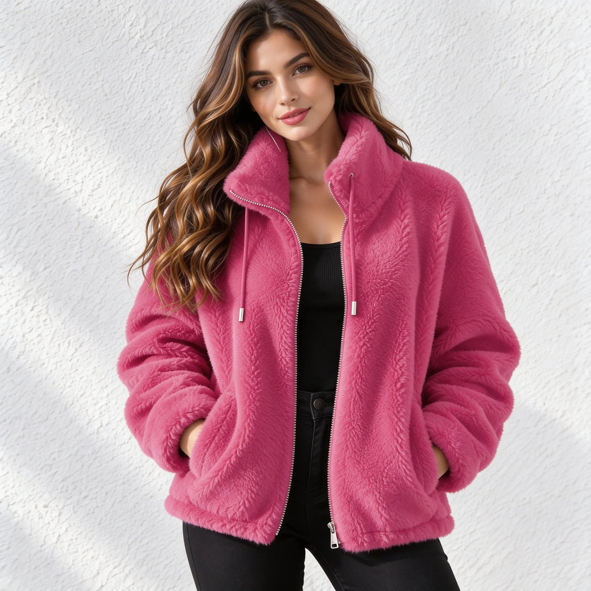 A woman wearing a plush pink sherpa zip-up jacket with a high collar, standing against a textured white wall.
